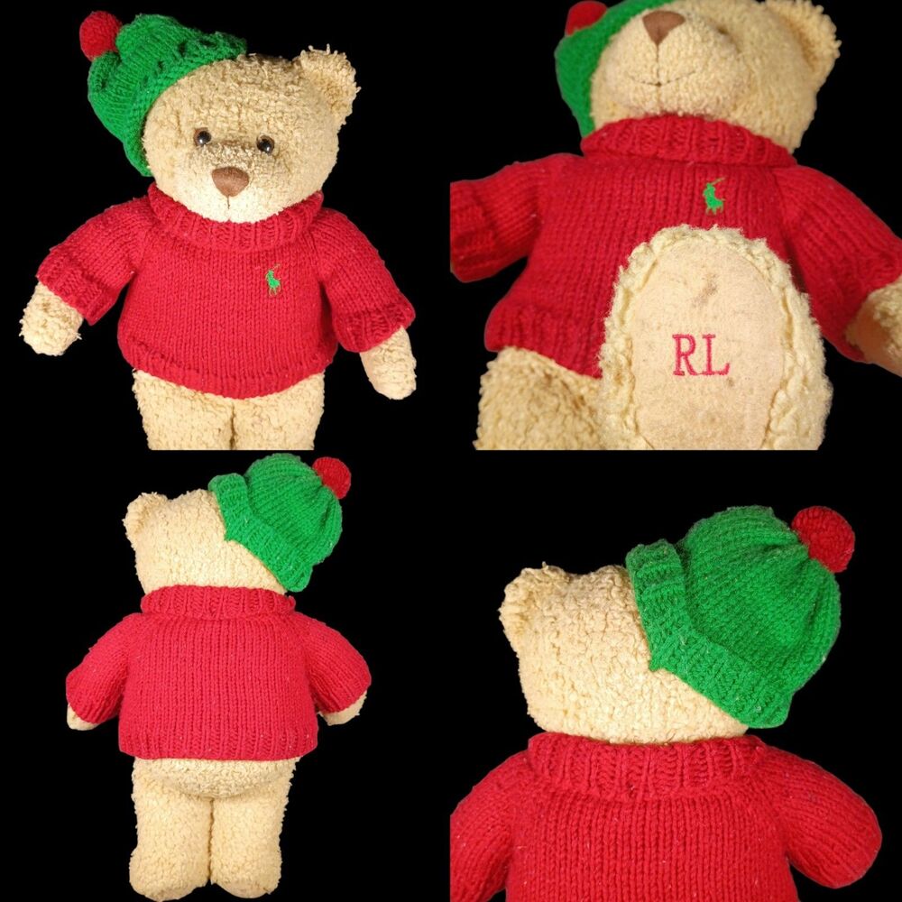 16" Ralph Lauren Polo Teddy Bear, Green And Red Christmas Colors Outfit Sweater